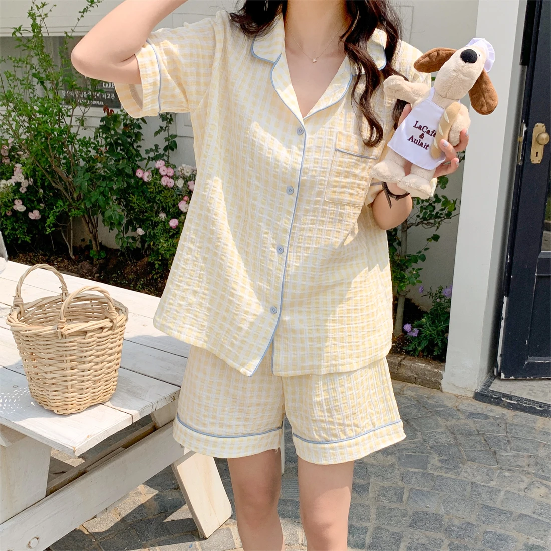 

Soft Home Solid Simple Summer Plaid Summer Short Sleeve Pajamas Set Women Lovers Two Piece Set Comfortable Vacation Kawaii Ins