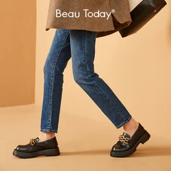 BeauToday mokasyny kobiety oryginalna skóra bydlęca metalowy łańcuch Chunky Sole wzór buty okrągłe Toe Slip on Ladies mieszkania buty B27748