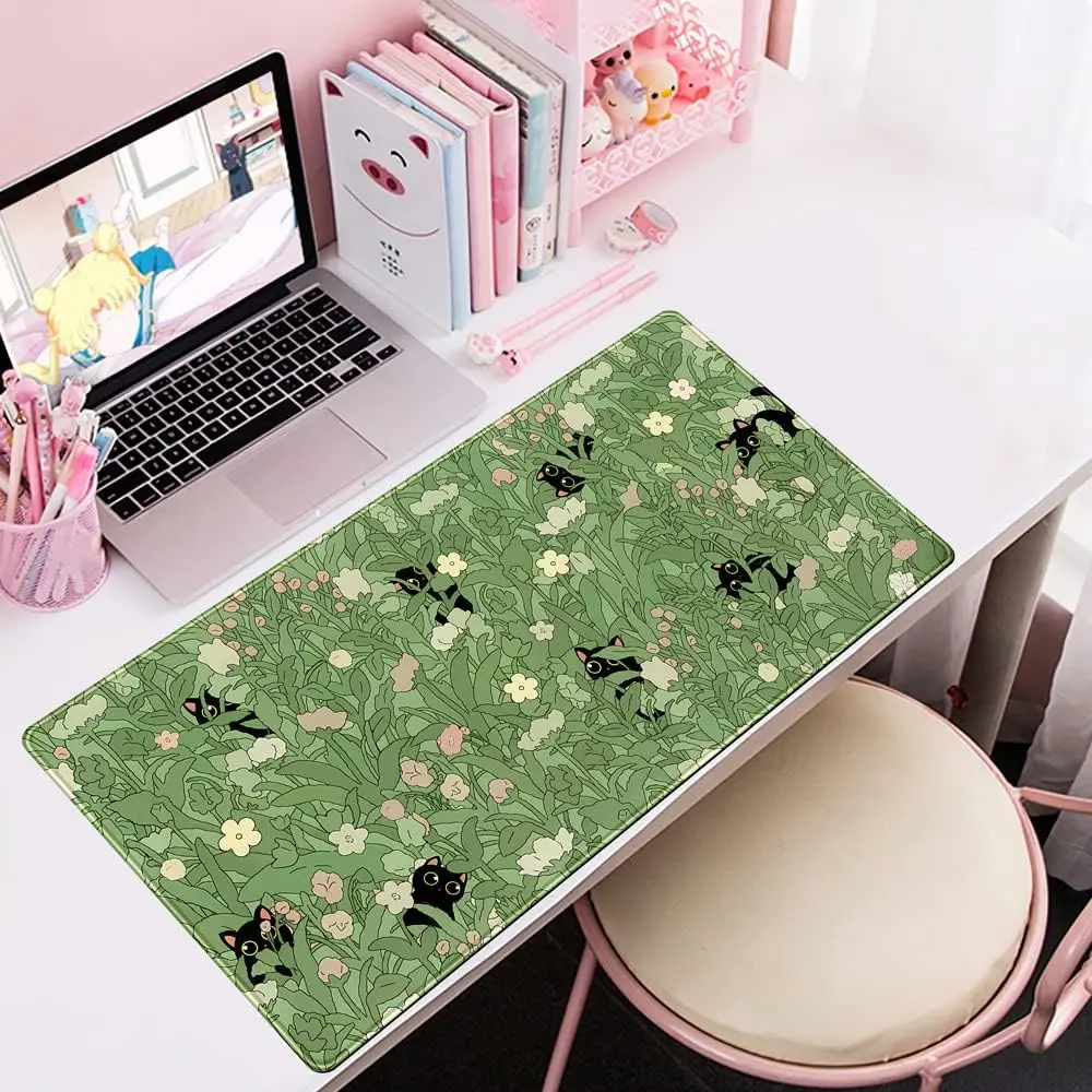 Cute Green Desk Mat, Kawaii Cat Mousepad Gaming Pc  Desk Pad Laptop Gamer Accessories Desk Stitched Edges Non-Slip Computer Mats