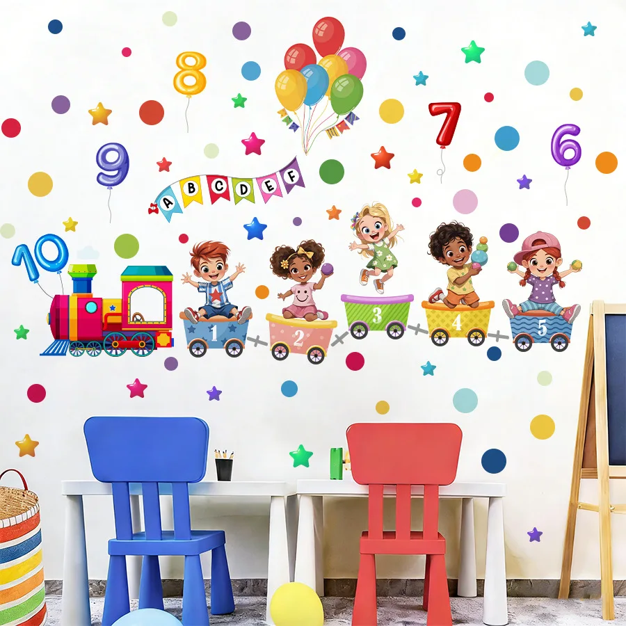 Cartoon Number Train Wall Stickers Colorful ABC Alphabet Balloon Decals For Children's Room Wall Art Nursery Educational Nursery