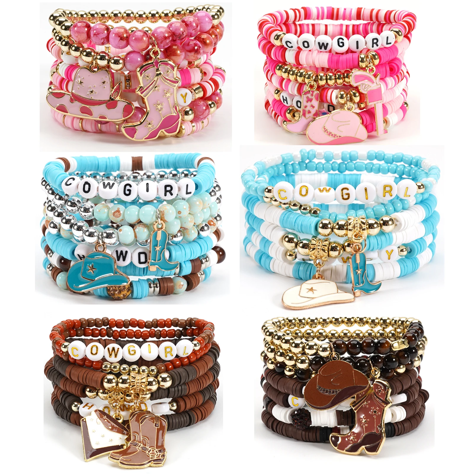 Mix Style Vintage Western Cowboy Hat Boot Pendant Stackable Bead Bracelets Y2K Cowgirl Letter Wood Bead Concert Punk Bangle Gift