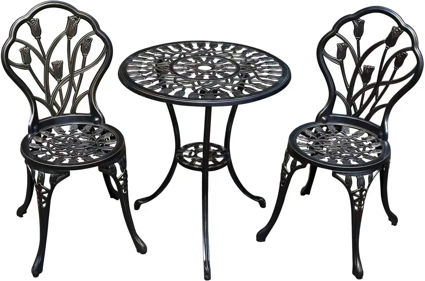 

Black Table And Chair Set Floral Pattern Patio Garden Chairs Rustproof Cast Aluminum Bronze Coffee Table Desk