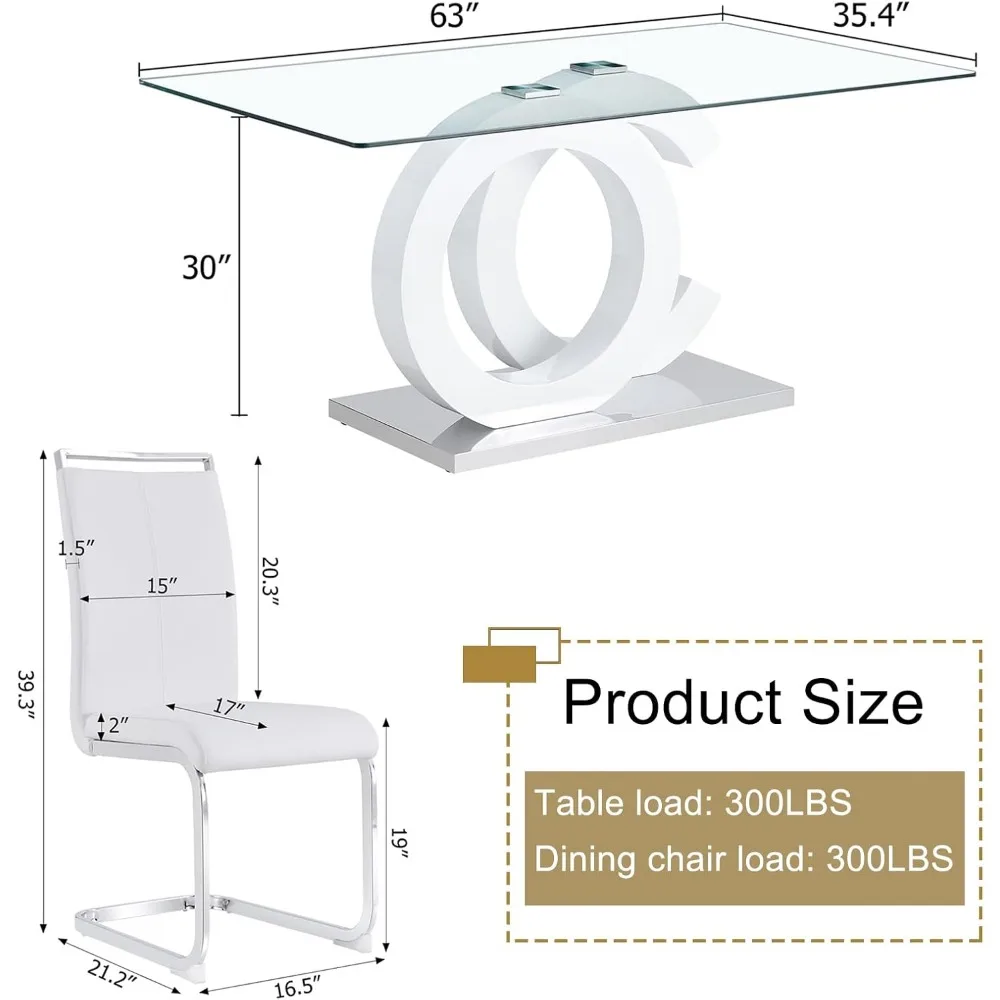 Juego de mesa de comedor de cristal para 6 ,7 piezas, mesa de vidrio templado, sillas de comedor ergonómicas de cuero PU, montaje fácil