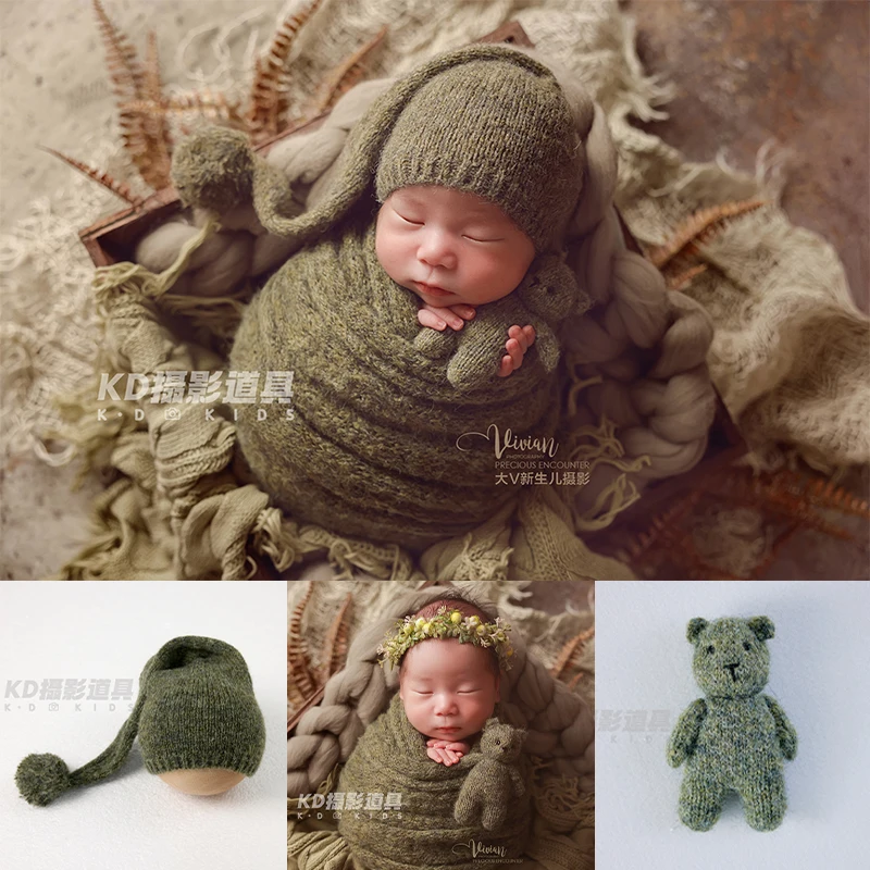 ชุดถ่ายภาพทารกแรกเกิดแบบมืออาชีพ หมวกปอมปอมเด็ก + ผ้าห่อตัวถักไหมพรมอุ่น + ของเล่นตุ๊กตาผ้าขนสัตว์ ผ้าห่มถักโครเชต์ อุปกรณ์ประกอบฉากถ่ายภาพ