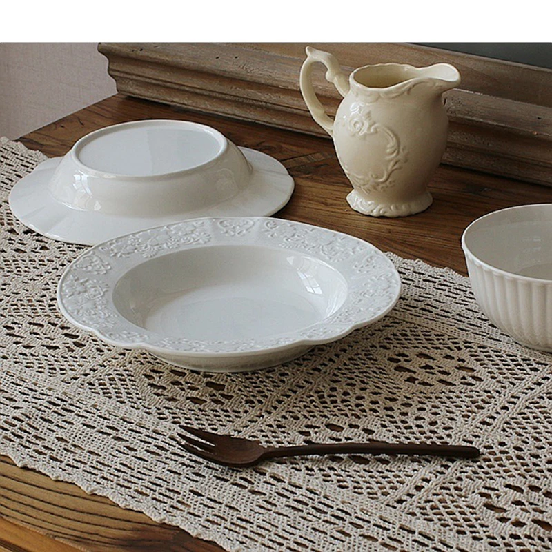 White Rose Patterned Relief Round Disc American Retro Pasta Steak Deep Plate Household Fruit Salad Ceramic Platter