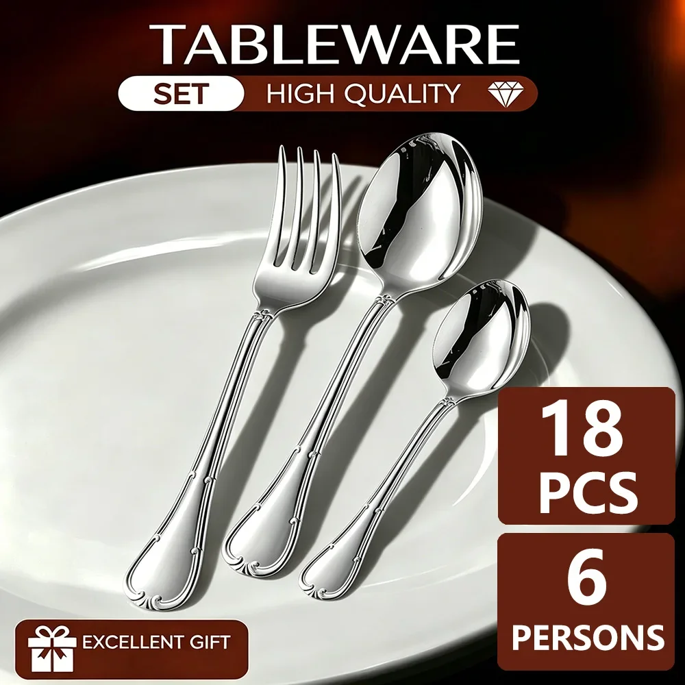 6/12/18Pcs Silver Cutlery Set Stainless Steel Fork Spoon Tableware Flatware Set Festival Kitchen Upscale Cutlery Set