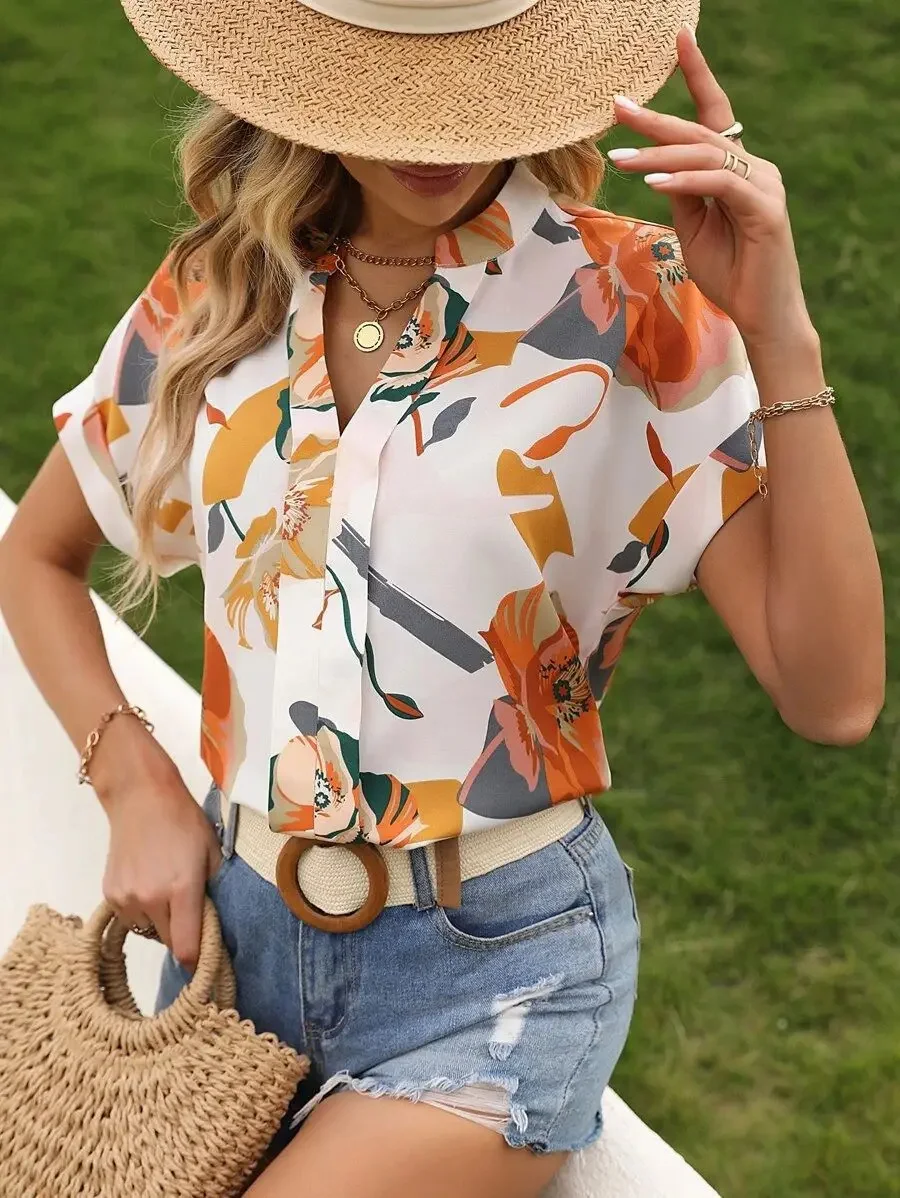 Women Summer Style Blouses Shirts Lady Casual Short Batwing Sleeve V-Neck Flower Printed Blouse Tops