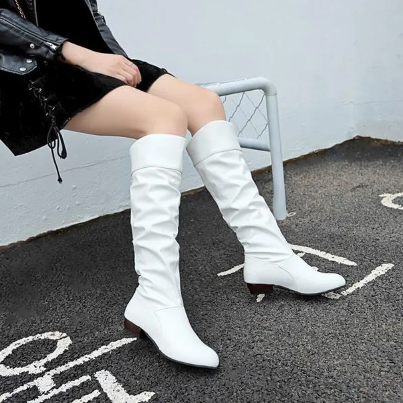 Women\'s Boots Winter Knee High Shaft Black Footwear Round Toe Leather Long Shoes For Woman White Stylish And Low Price Hot