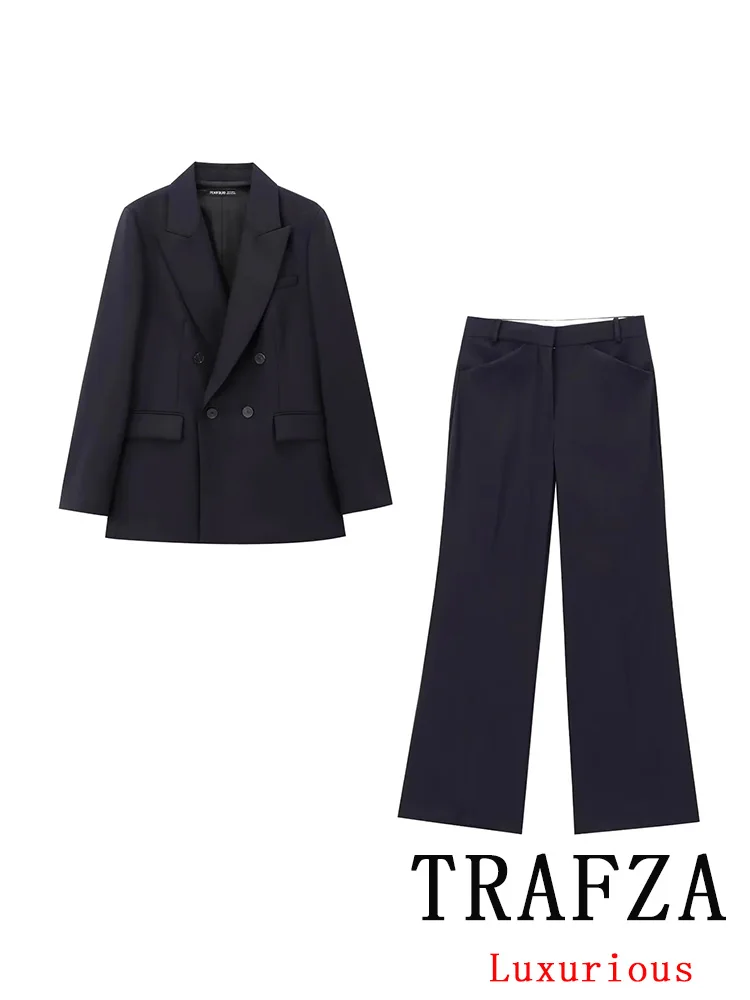 TRAFZA Vintage Office Lady Black Solid Suit Single Breasted V Neck Pockets Blazer Straight Loose Pants Fashion 2024 Autumn Sets