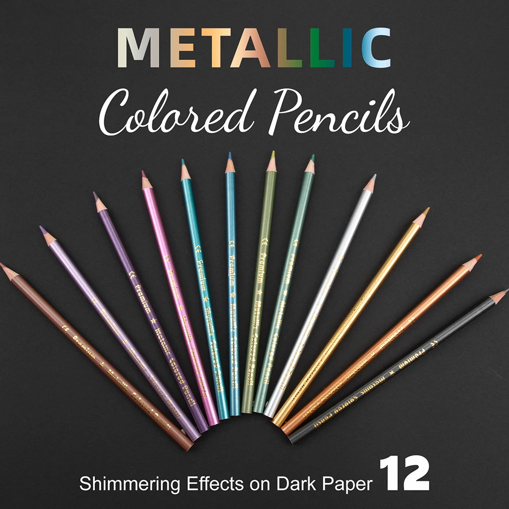 أقلام رصاص ملونة معدنية رائعة، 12 قطعة من أقلام الرصاص الملونة المتنوعة لتلوين الفنانين البالغين