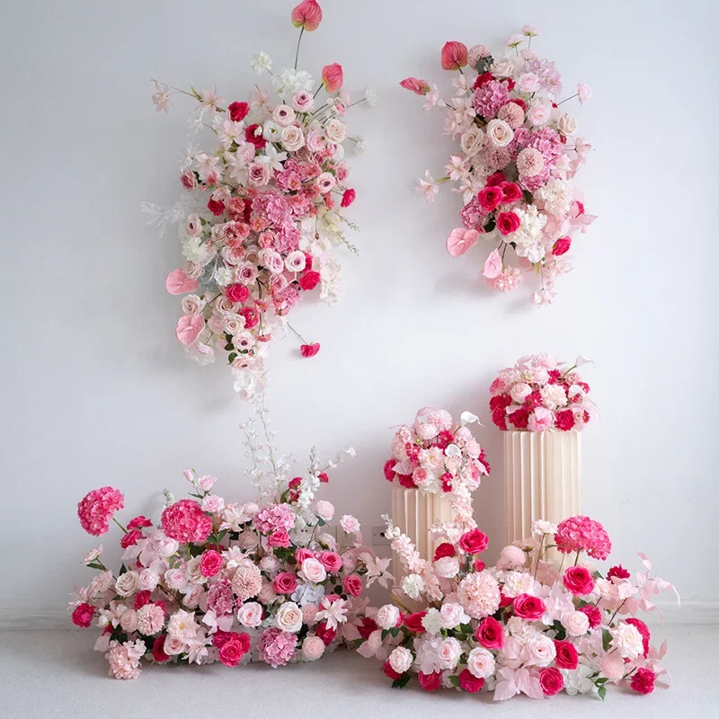 Pink wall hanging decoration flower row flower arrangement, wedding wedding KT board wall decoration birthday party arrangement
