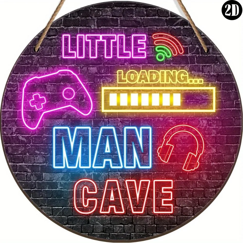 Round Metal Tin Sign Little Man Cave Game Fake Neon Wall Decor, Non LED 2D Flat Metal Plaque For Kids Gaming Bedroom