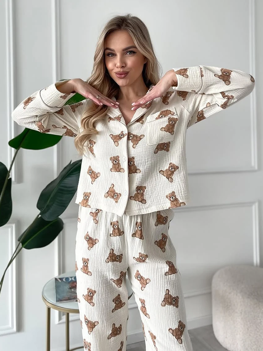 Martahqiqi Printing Women Pajamas Suit Long Sleeve Nightgowns Sexy Turn-Down Collar Nightwear Pants Casual Ladies Sleepwear Set