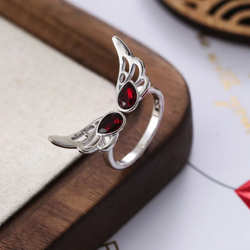 925 Sterling Silver Open Finger Ring Red Stone Vintage Angel Wing Bird Punk Elegant For Women Jewelry Gift Dropship Wholesale