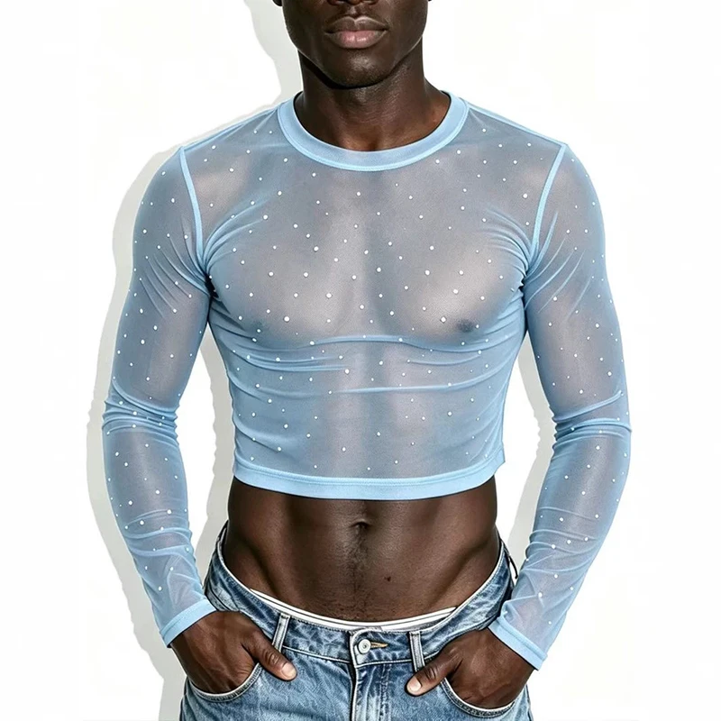 2026 Autumn Slim Transparent Mesh Cropped Long Sleeve T Shirt Mens Daily Outdoor Tee Male Streetwear Vintage Solid Color Tops