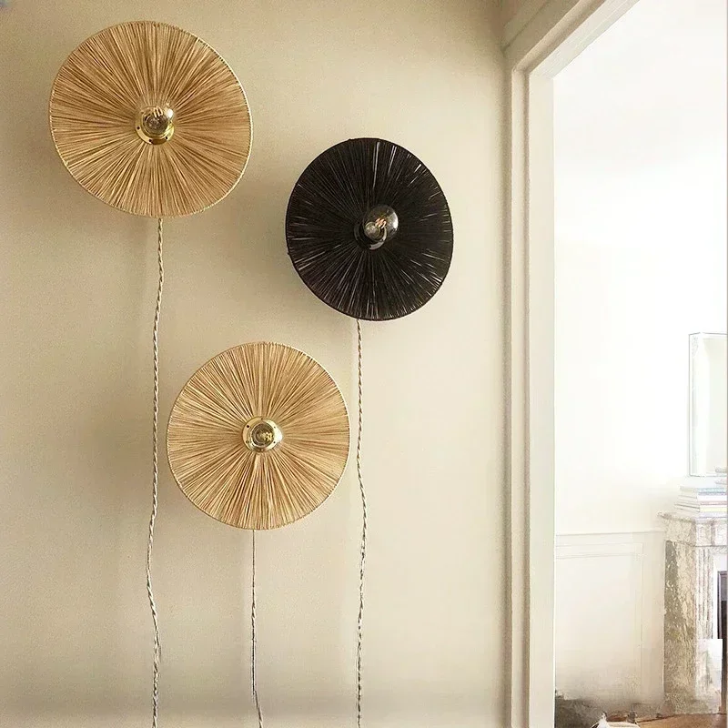 Wabi-Sabi Rattan Wall Lamp Handmade Straw Led Lights Wall Lamp Corridor Living Bedroom Bedside Lamp Entrance Lighting Home Decor