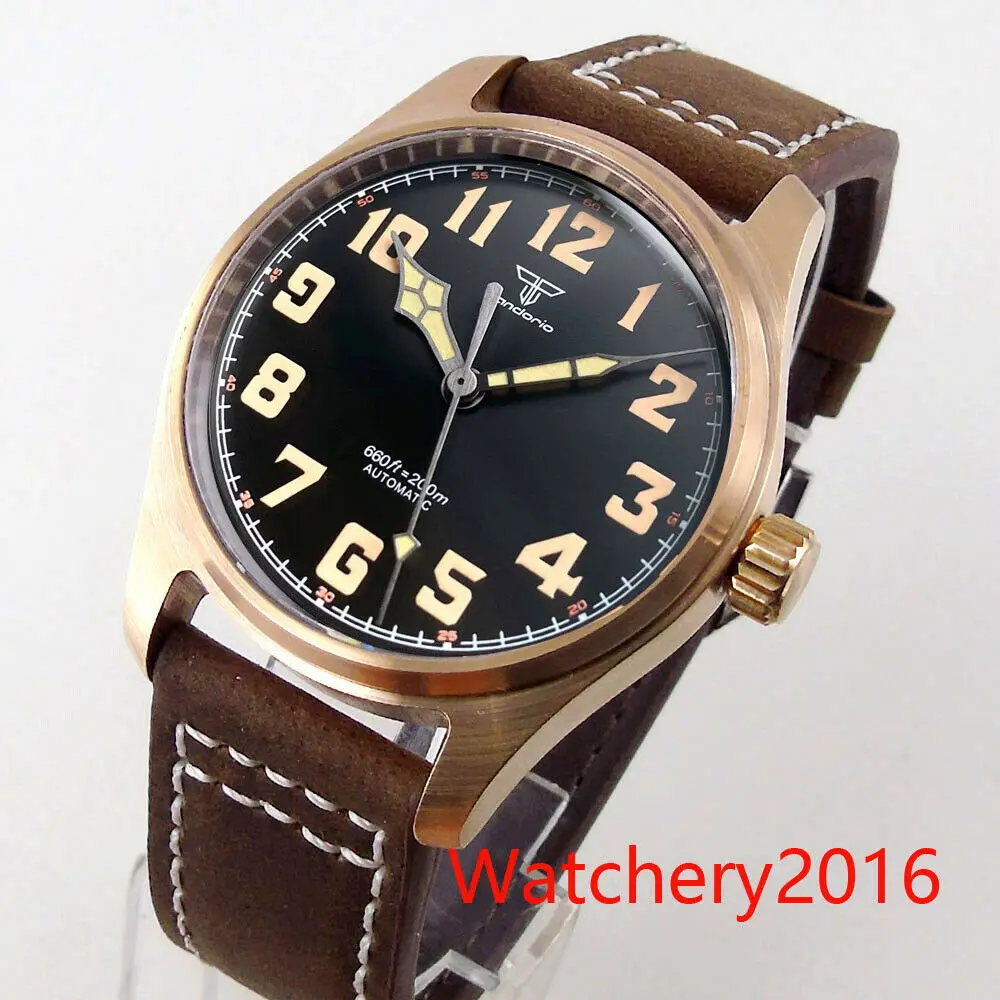 CUSN8 Brons Case 39Mm Tandorio NH35A PT5000 Beweging Automatische Model Heren Horloges Lederen Band Lichtgevende Handen