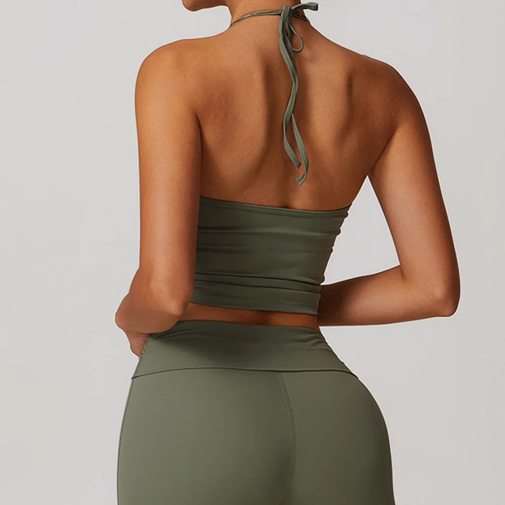 女性用フィットネスヨガブラ、レースバックスポーツブラ、ナイロントップ、セクシーなホルターネック、通気性のある下着、ジム、ランニング用