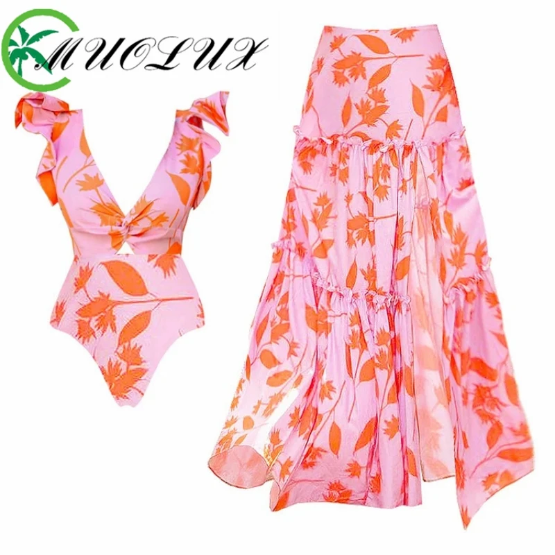 MUOLUX 2024 Summer Sexy Bikini Women's Swimsuit New V-neck Ruffled Seaside Vacation Print One-piece Swimwear Two-piece Set