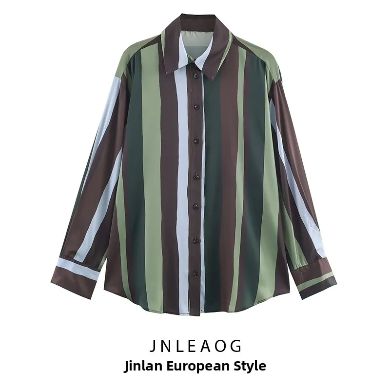 JNLEAOG Herbst Neue frauen Faion Casual Streifen Seide Satin Fühlen irt Vielseitig Lose Fit Polyester Lange Sve Mädchen Bluse