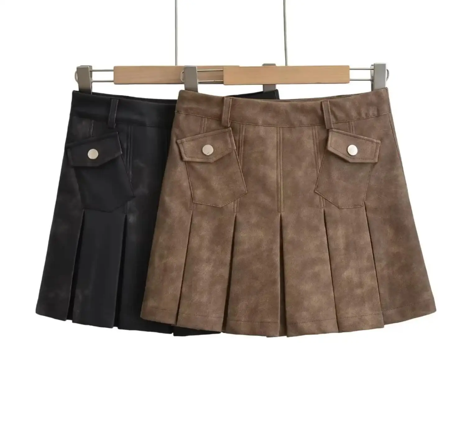 2023 American Retro Washing Black Low Waist PU Skirt With Shorts lining Sexy Leather Pleated Mini Short Skater Brown