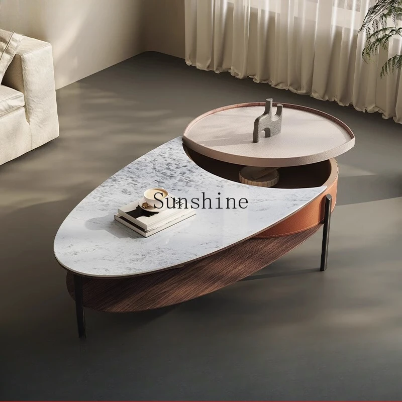 Italian saddle leather small apartment simple modern oval rock slab coffee table