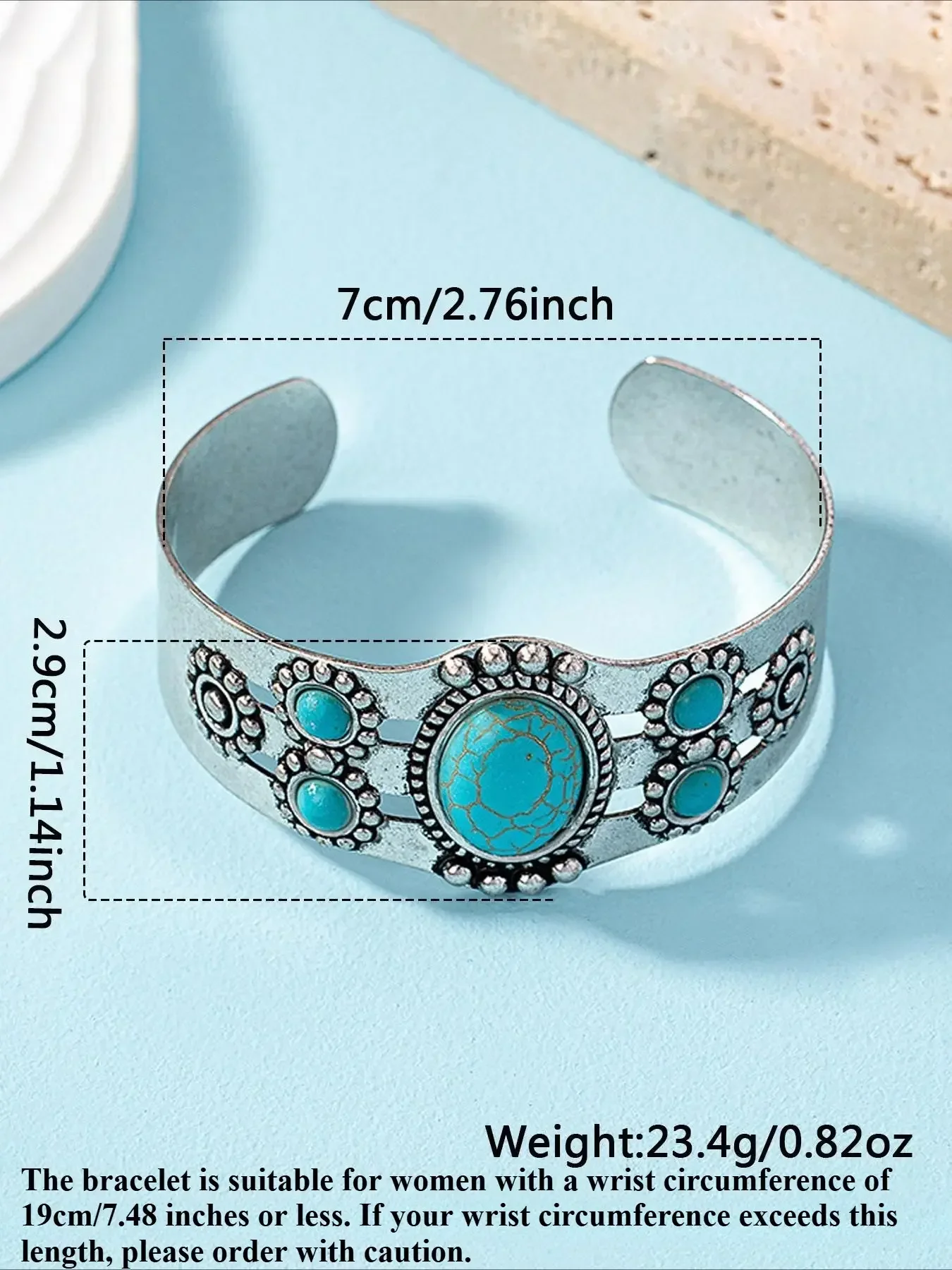 Boho Style Turquoise Decorated Cuff Bangle, Boho Style Bangles, Vintage Style Adjustable Open Bangle for Women & Girls, High Quality Bohemian Bracelets, Trendy All-match & Exquisite Jewelry for Birthday Gift, Stackable Bracelets
