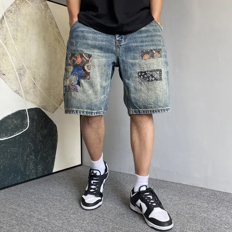 

Men's Vintage Denim Shorts American Casual Embroidered Patch Loose Fit Five Points Pants Summer Streetwear Baggy Shorts