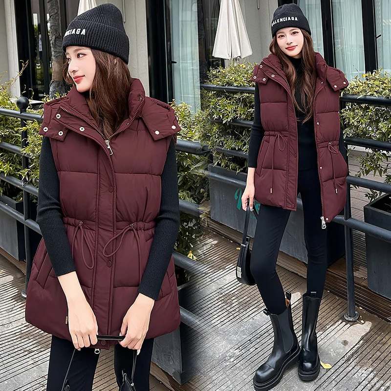 PinkyIsBlack 2025 New Autumn Hooded Drawstring Mid-length Winter Vest Women's Cotton Padded Jacket Coat Solid Casual Outwear