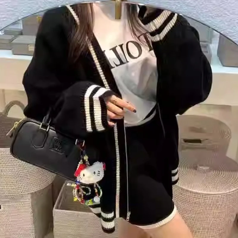 Suéter de punto de manga larga con cuello en V para mujer, abrigo e de estilo perezoso de otoño, plones cortos de ...