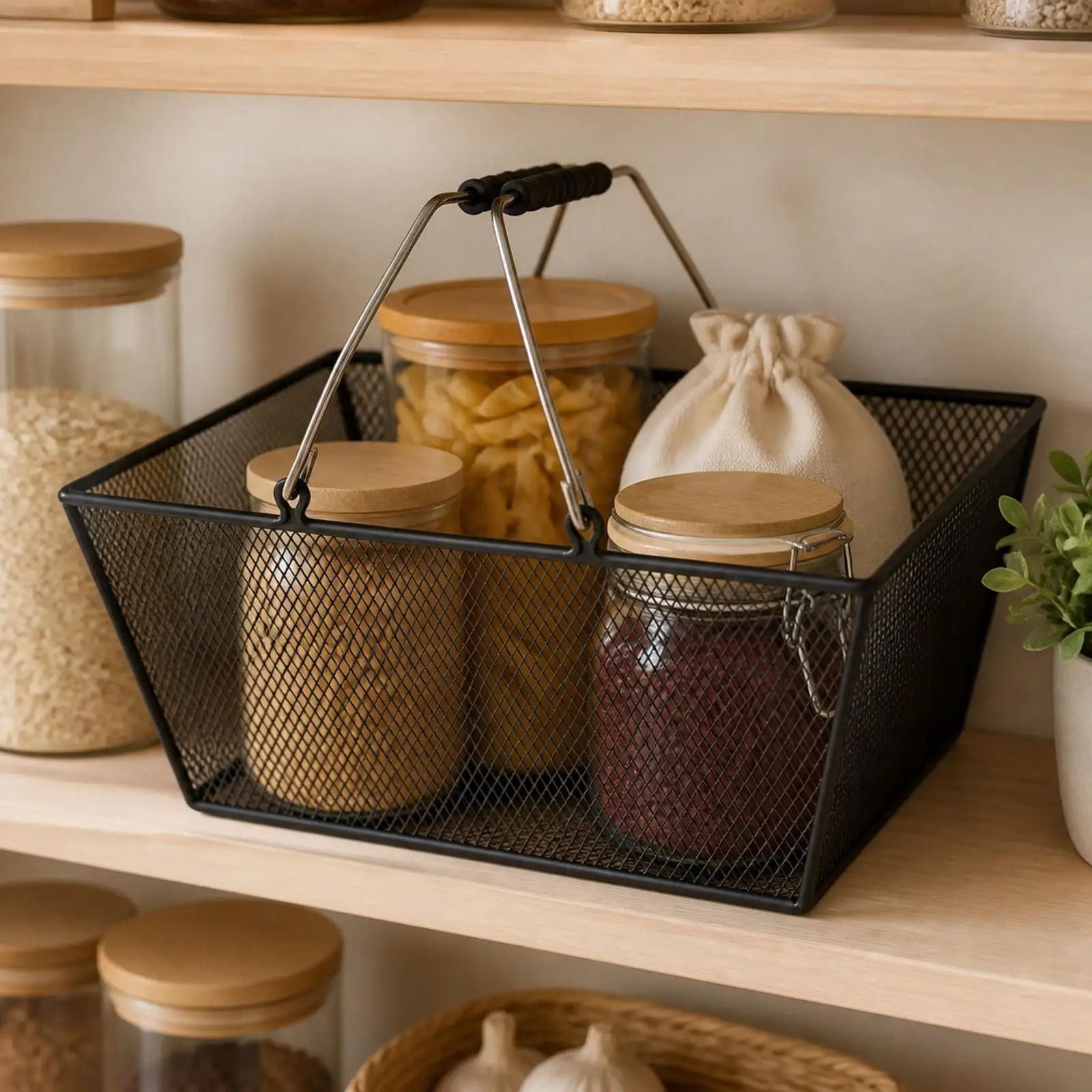 Rectangular Wire Mesh Caddy for Book Storage Tool Organization and Retail Merchandising with Comfortable Black Handles