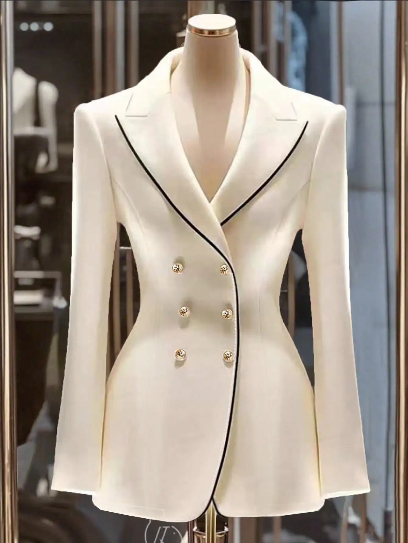 Elegant Minimalist Double-Breasted Slim Fit Black Trim Detail Suit Jacket, Suitable for Daily Commute Fall Cloth for Women Coats - Image 3