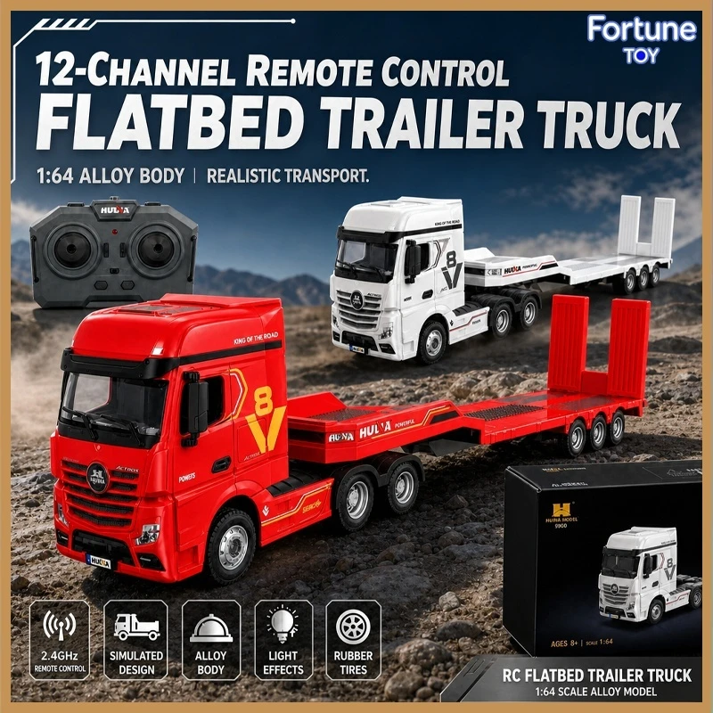 Huina 12Ch Alloy Remote Control Flatbed Trailer 1:64 Scale Simulated Transport Truck With Light Sound Effect Engineering Toy