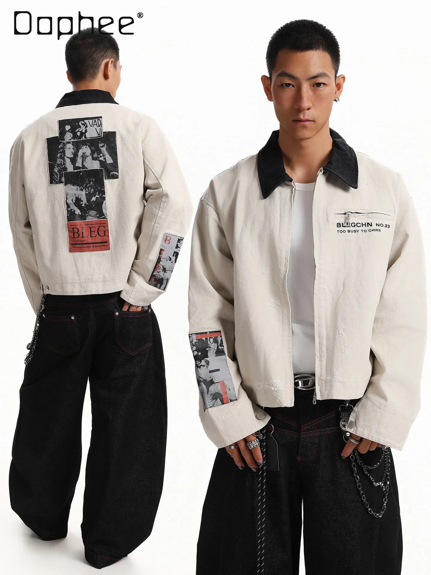 

2026 Spring and Autumn American Style Men's Abstract Letter Appliqué Embroidery Beige Loose Turn-down Collar Short Jacket