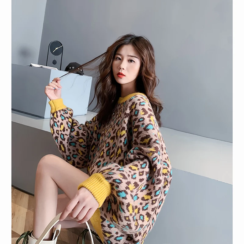 Women Leopard Pullover Knitted Sweater Harajuku Aesthetic Y2k Large Size Long Sleeves Sweaters Fashion Vintage 2000s Clothes