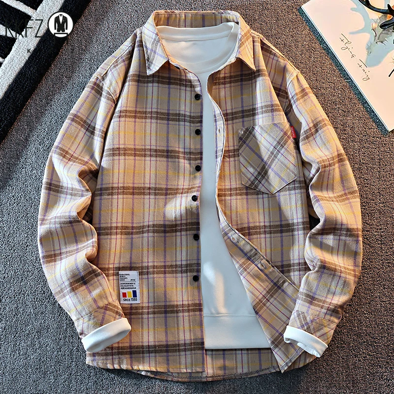 Men All Match Grid Outer Shirt Lapel Button Closure Classic Check Pattern Long Sleeve Daily Casual Top