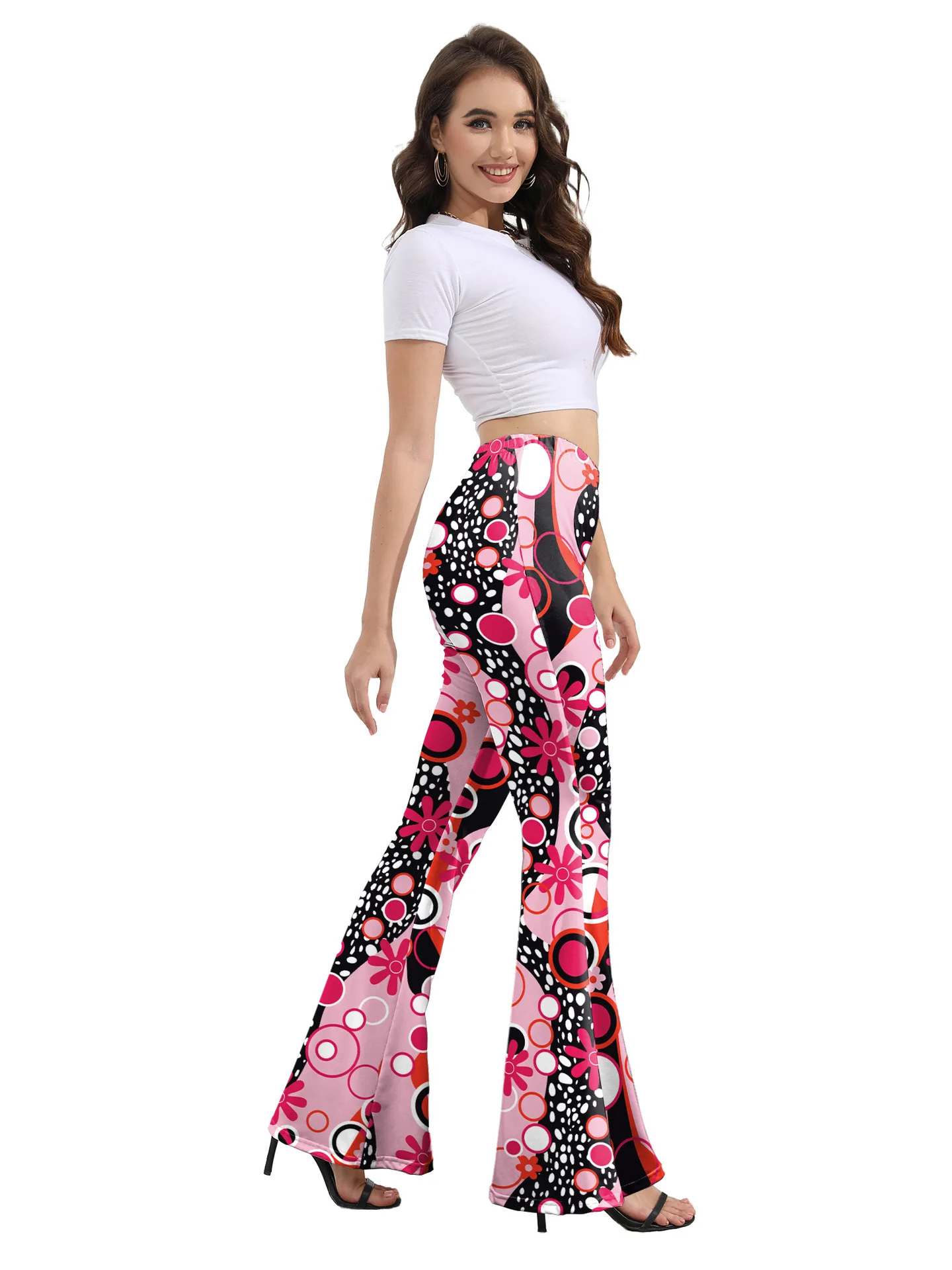 Damskie spodnie dzwony z wysokim stanem, z nadrukiem, codzienne, w stylu streetwear, długie spodnie, modne spodnie rozszerzane dla kobiet.