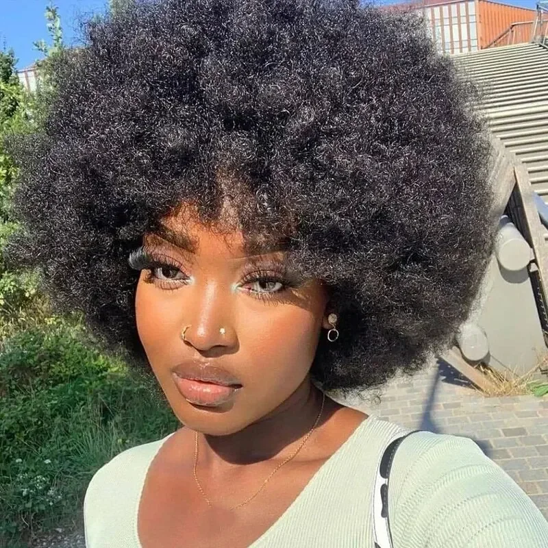 Fluffy Pixie Cut Wigs Afro Kinky Curly Human Hair Wig With Bangs Short Afro Full Machine Made Wigs With Bangs Glueless Wigs 180%