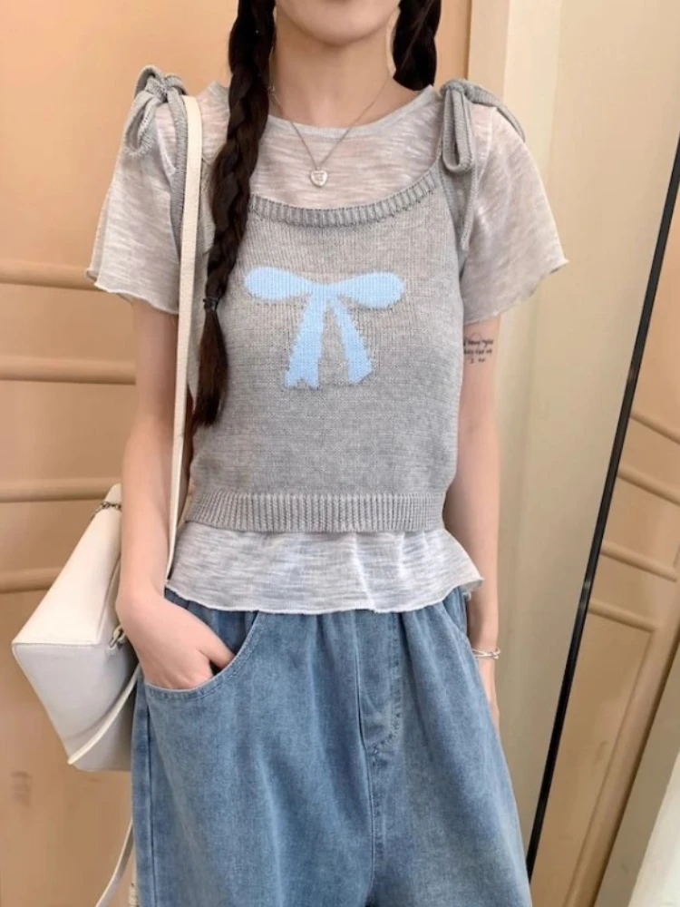 Y2k Harajuku Sweet T Shirts for Women Short Sleeve Solid Color Tops Tees Bow Jacquard Knit Tank Two Piece Set Casual Clothing