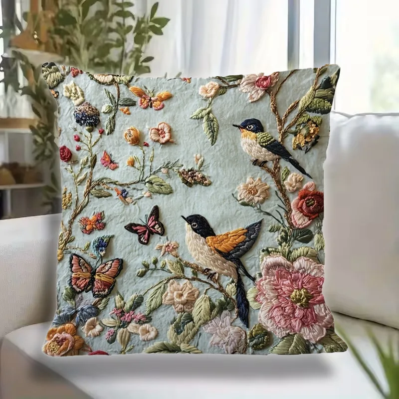 

Flower Bird Imitation Embroidered Nap Pillowcase for Home and Outdoor Sofa Cushion Throw Pillow Bedside Sleeping Pillow Cover