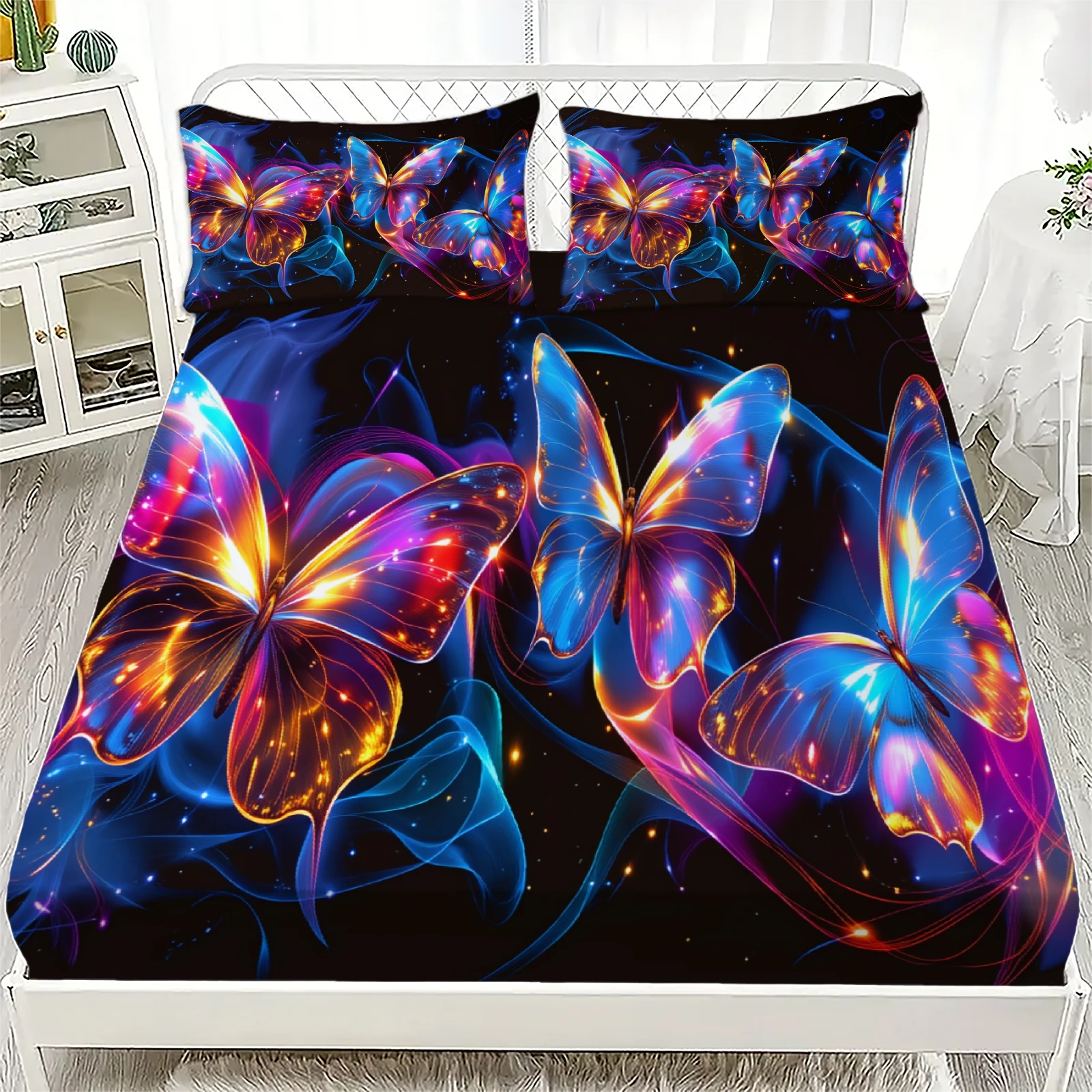 

3pcs Butterfly Flat Sheet 3D Printed Colorful Butterflies Fitted Sheet Sets With Pillowcases No Filling Dramatic Vivid Visual