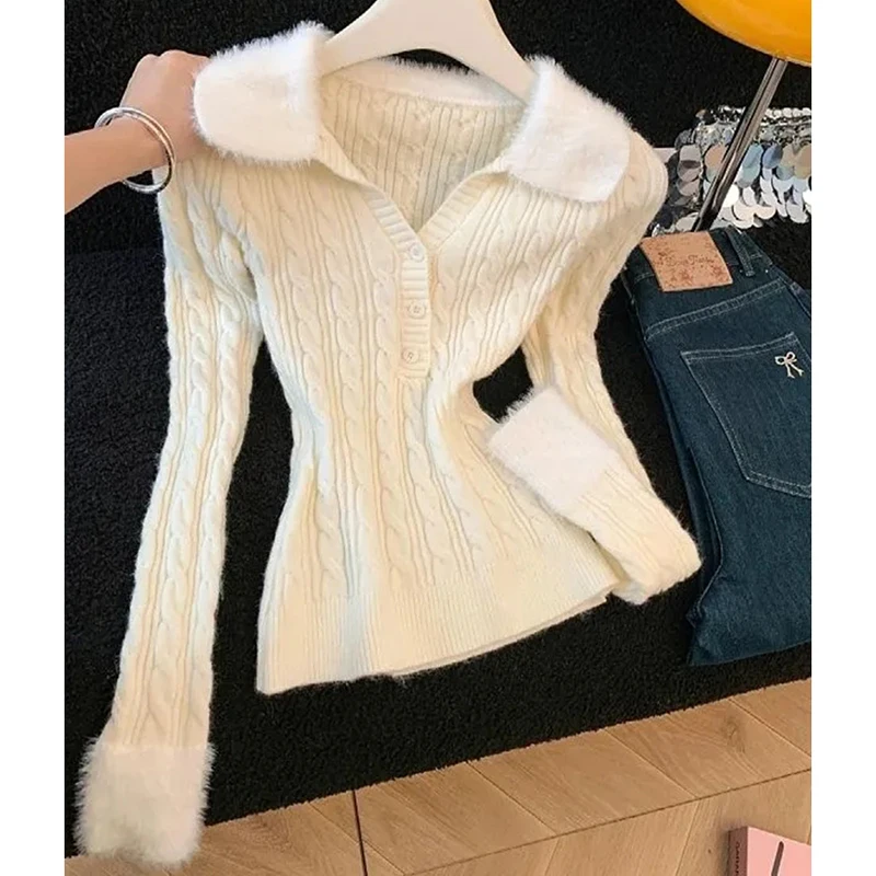 

Корейский вязаный пуловер, женский тонкий свитер с v-образным вырезом и длинным рукавом, теплые джемперы, однотонный элегантный офисный женский простой топ