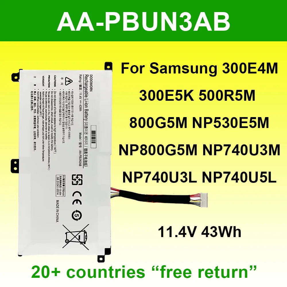 AA-PBUN3AB For Samsung NP500E5M NP500R5M NP530E5M NP740U3M NP740U3L NP740U5L-Y02US NP800G5M-X01US Laptop Battery 11.4V 43Wh