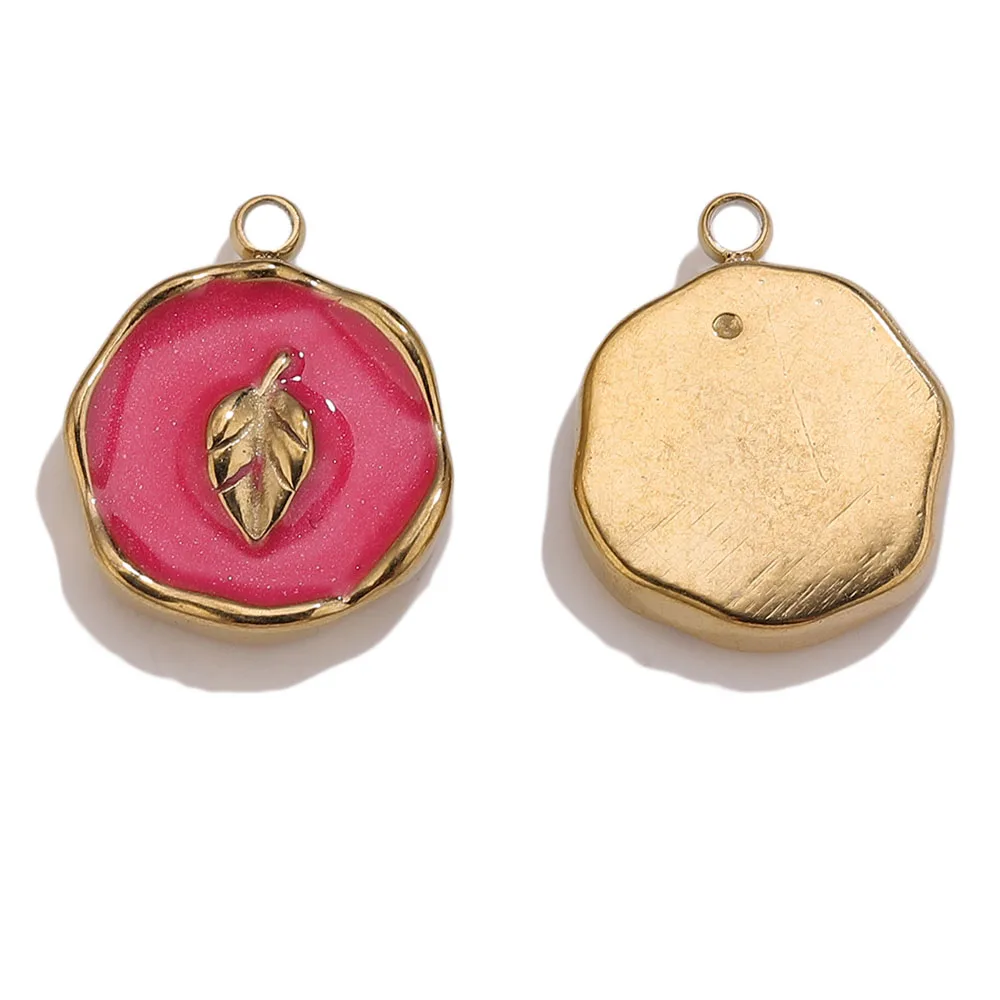 5 piezas de dijes redondos de hoja de acero inoxidable con PVD dorado para bricolaje, dijes para pendientes rojos, accesorios para la fabricación de joyas y regalos, venta al por mayor