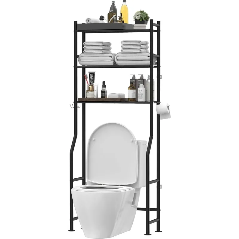 

3-Tier Over The Toilet Storage, Freestanding Metal Bathroom Shelves with 4 Hooks, Over Toilet Storage Shelf with Paper Holder