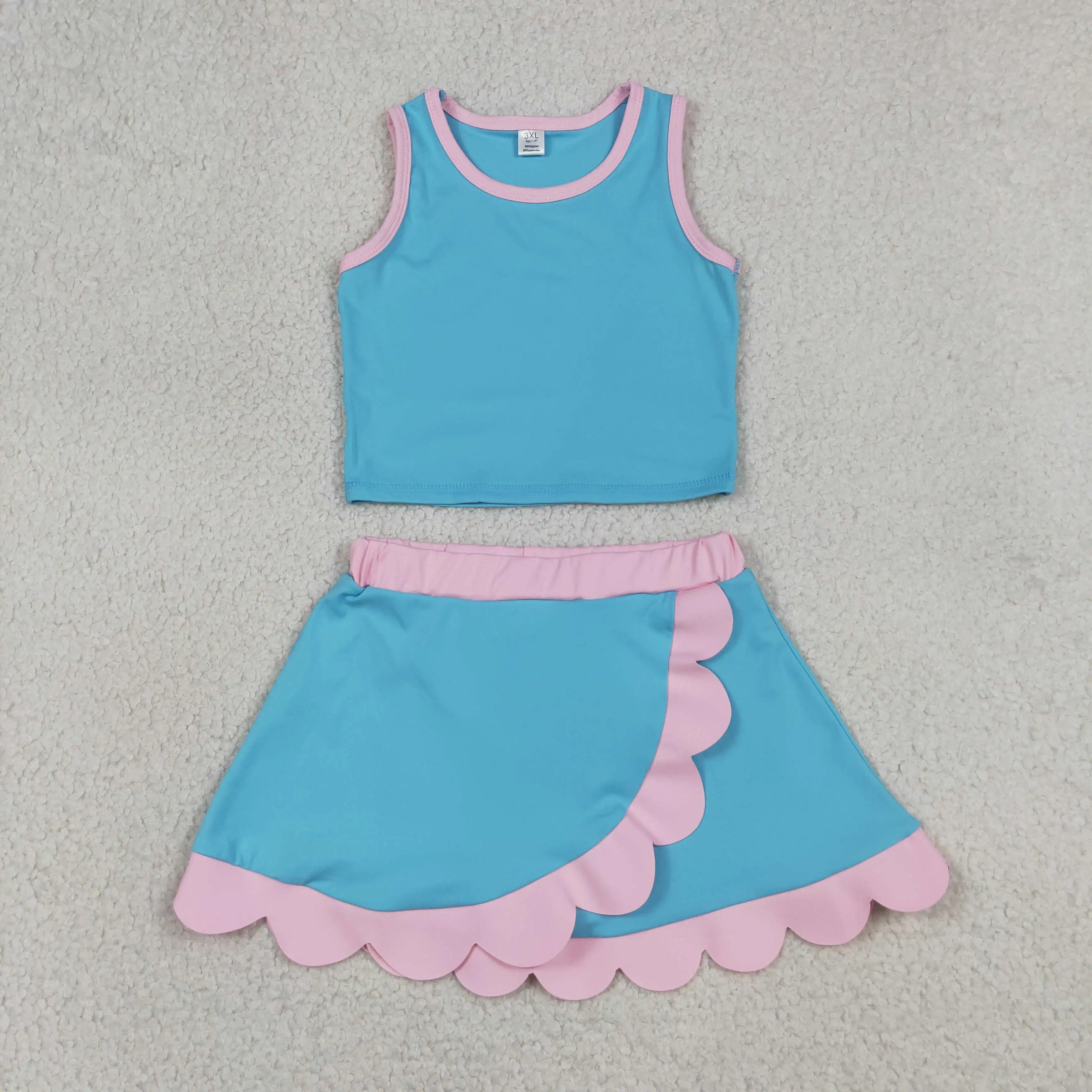 Wholesale Baby Girl Yoga Active Clothing Toddler Shirt Ruffle Skirt Shorts Kids Skort Blue Set Athletic Summer Clothes