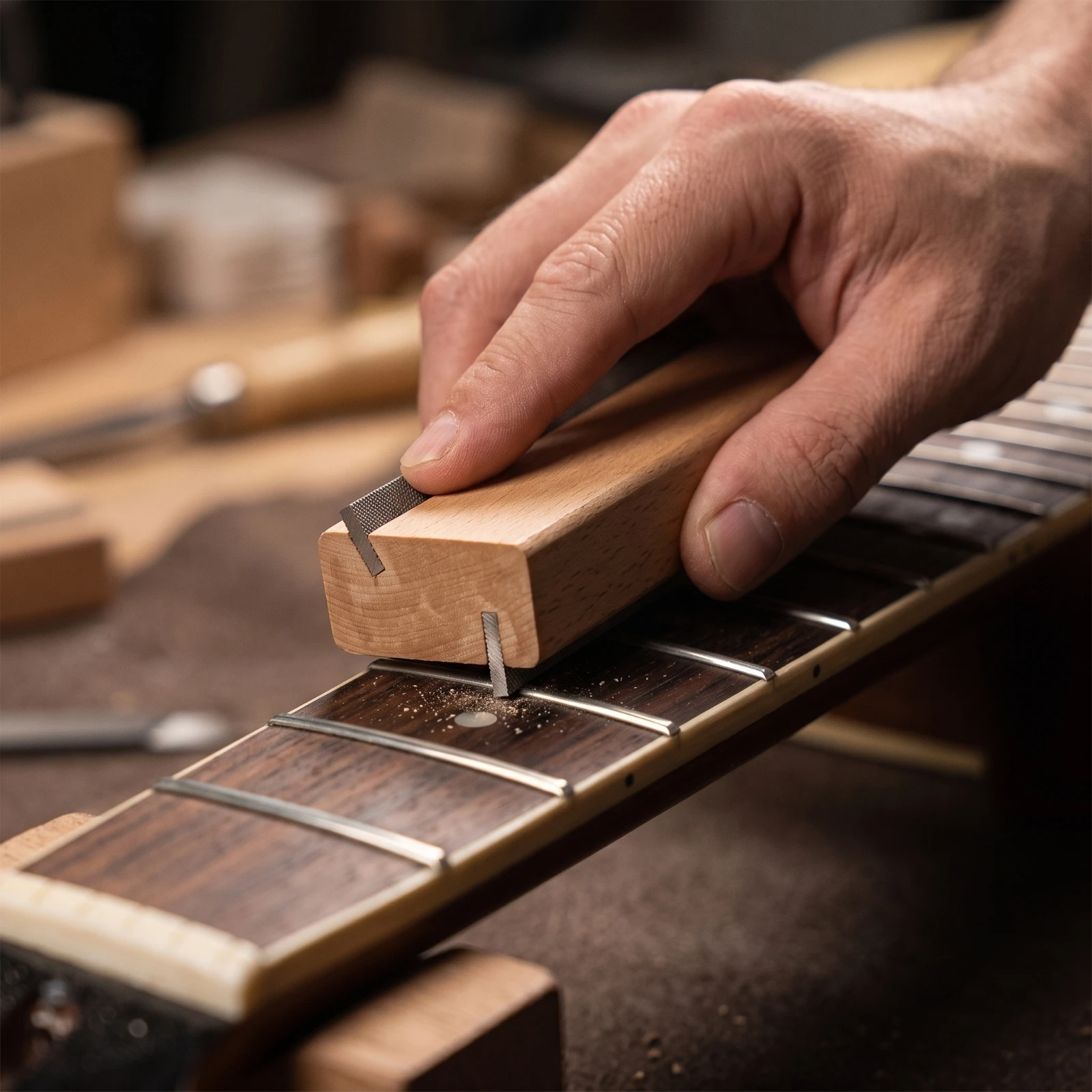 Fret Beveling File Beveled Fret File with Wooden Block Luthier Tool Professional Double-Sided for Luthiers, Guitar Maintenance