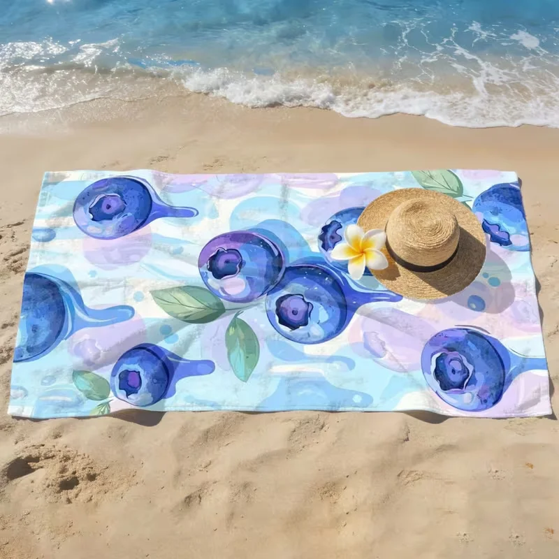 Watercolor Juicy Blueberry Leaf Print Beach Towel Sand Resistant Blanket Pastel Soft Toned Berry Pattern Towel for Beach