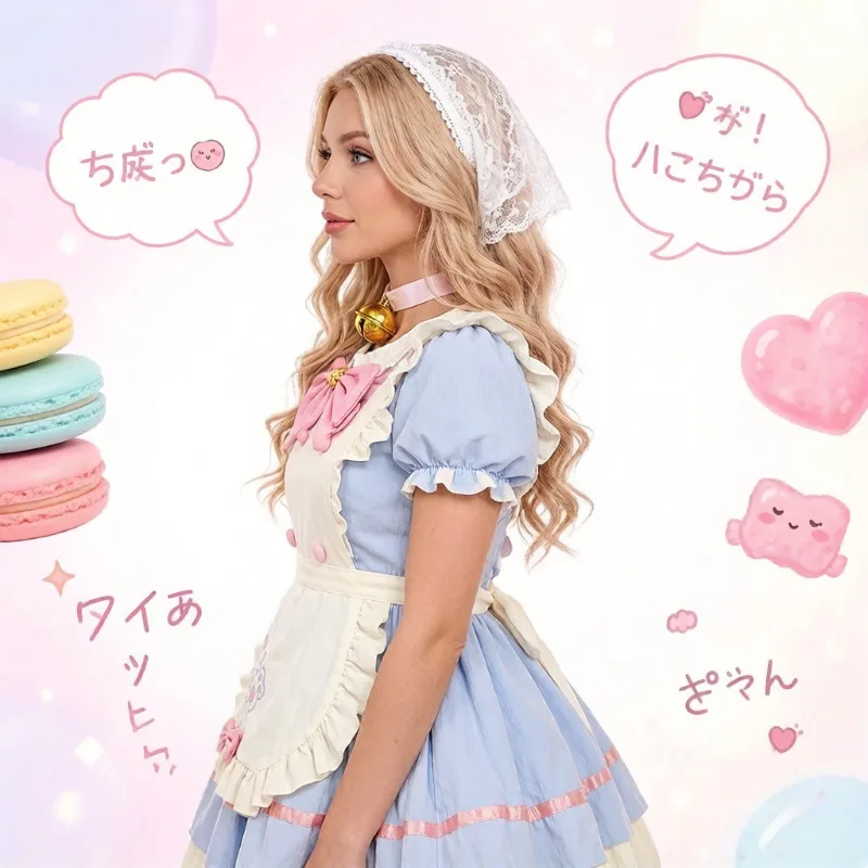 

Lolita OP Short Maid Dress with Apron, Cat Restaurant Japanese Sweet Lolita Outfit, Daily Casual Sweet Lolita Cosplay Costume