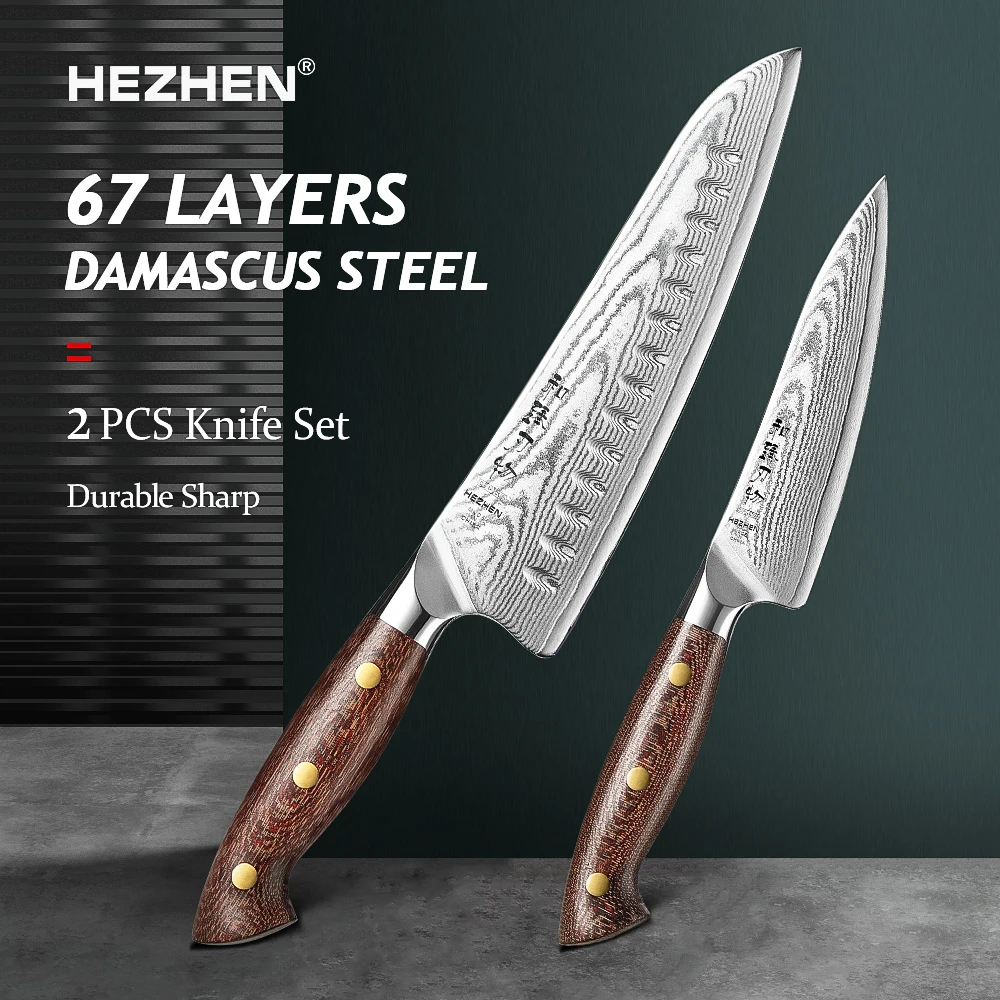 HEZHEN 2PC Chef Kitchen Knife Set 67 Layers Damascus Steel Beautiful Gift Box Utility Knives Micarta Handle Sharp Tools